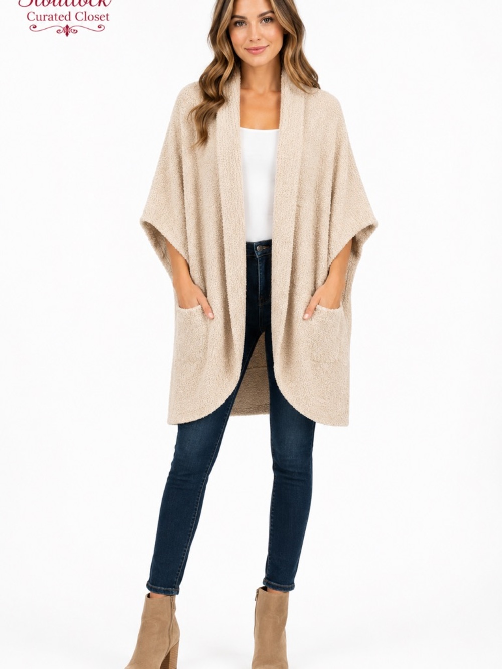 C Cupcakes & Cashmere Cozy Bouclé Open Front Cardigan XL Cream Oversized Pockets